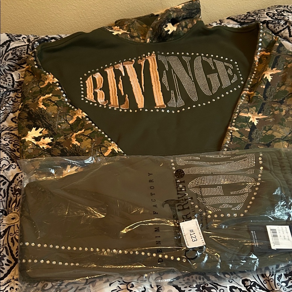 Men Revenge Olive Green Camo hoodie, and sweatpants set